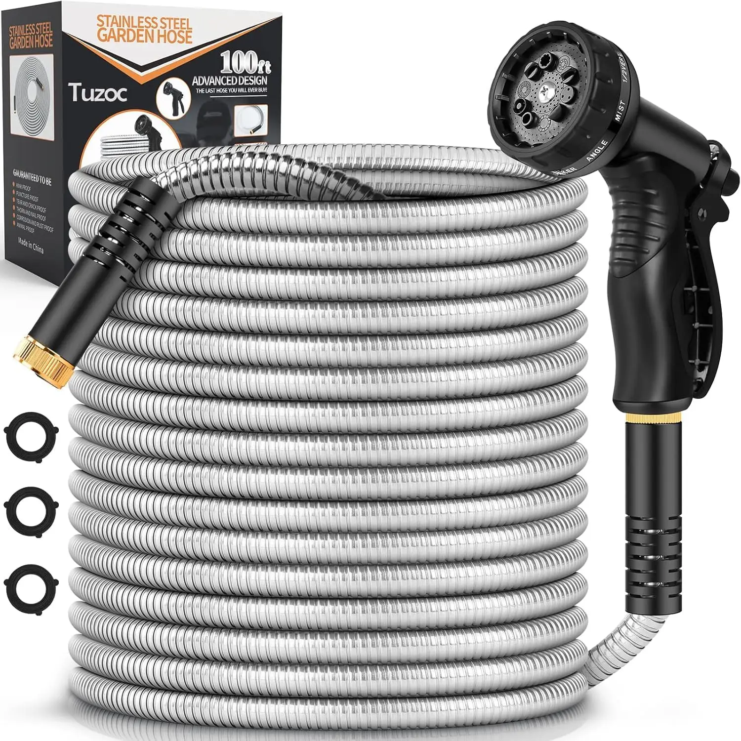 

100FT Stainless Steel Garden Hose with 10-Function Nozzle, Heavy Duty, Flexible, Rust Proof for Outdoor Use