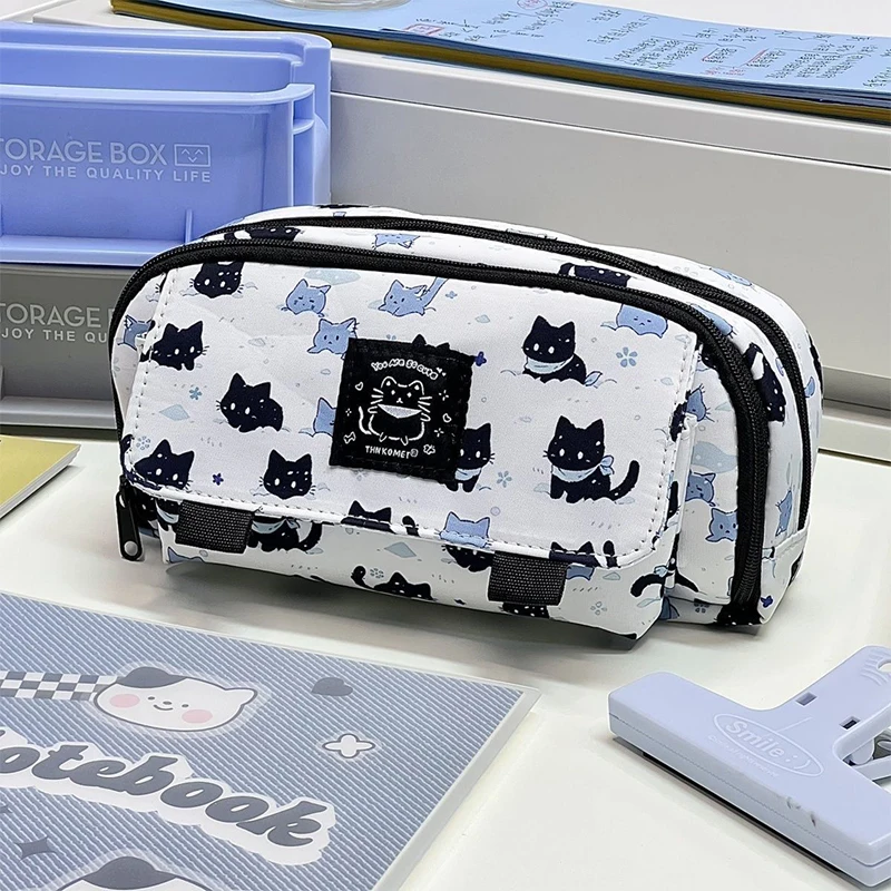 Estuche para bolígrafos con estampado de gato nevado lindo de dibujos animados, organizador de gran capacidad, bolsa de almacenamiento de papelería multifuncional, bolsa portátil para bolígrafos