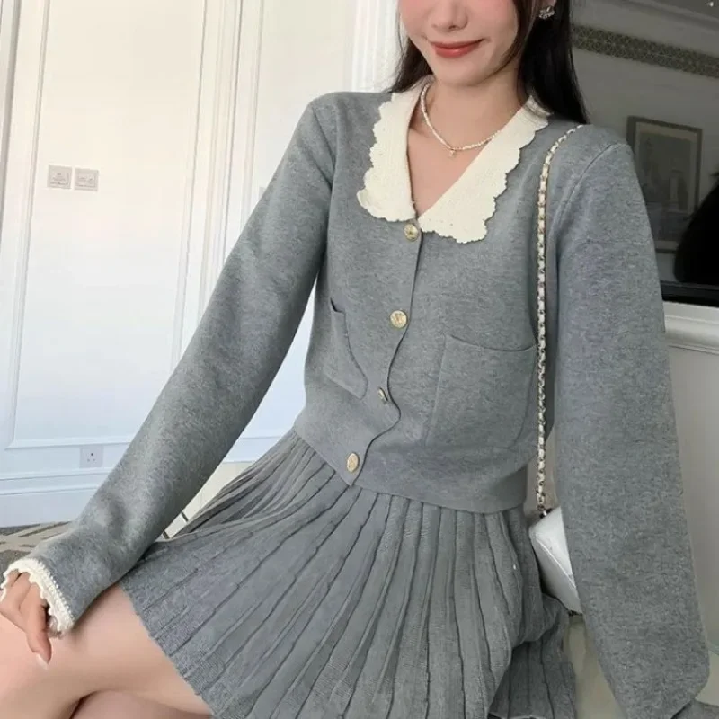 Korean Fashion Elegant Gray Knit Skirt Suits Spring Autumn College Style Short Cardigan Sweater Top+Mini Skirt Women Outfit 2pcs