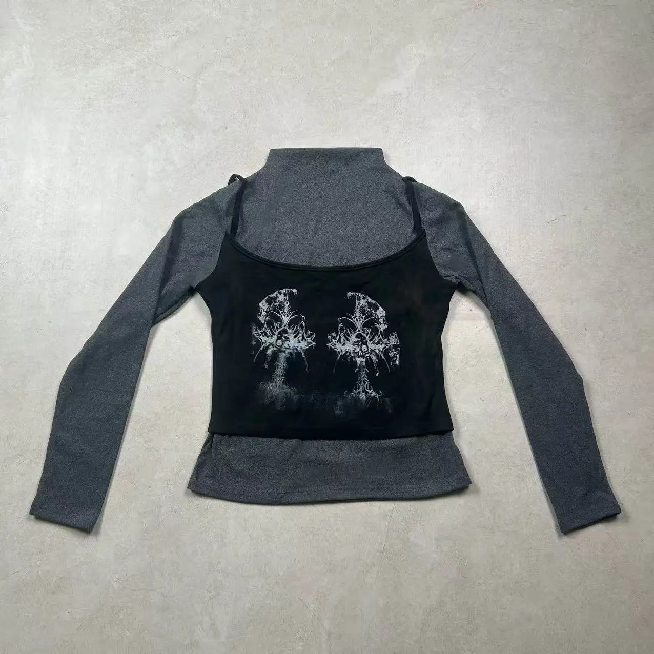 Original Design Subculture Fake Two-Piece Women's Bottoming Shirt 2026 Spring Sweet Cool Versatile Long Sleeve T-Shirt Ladies