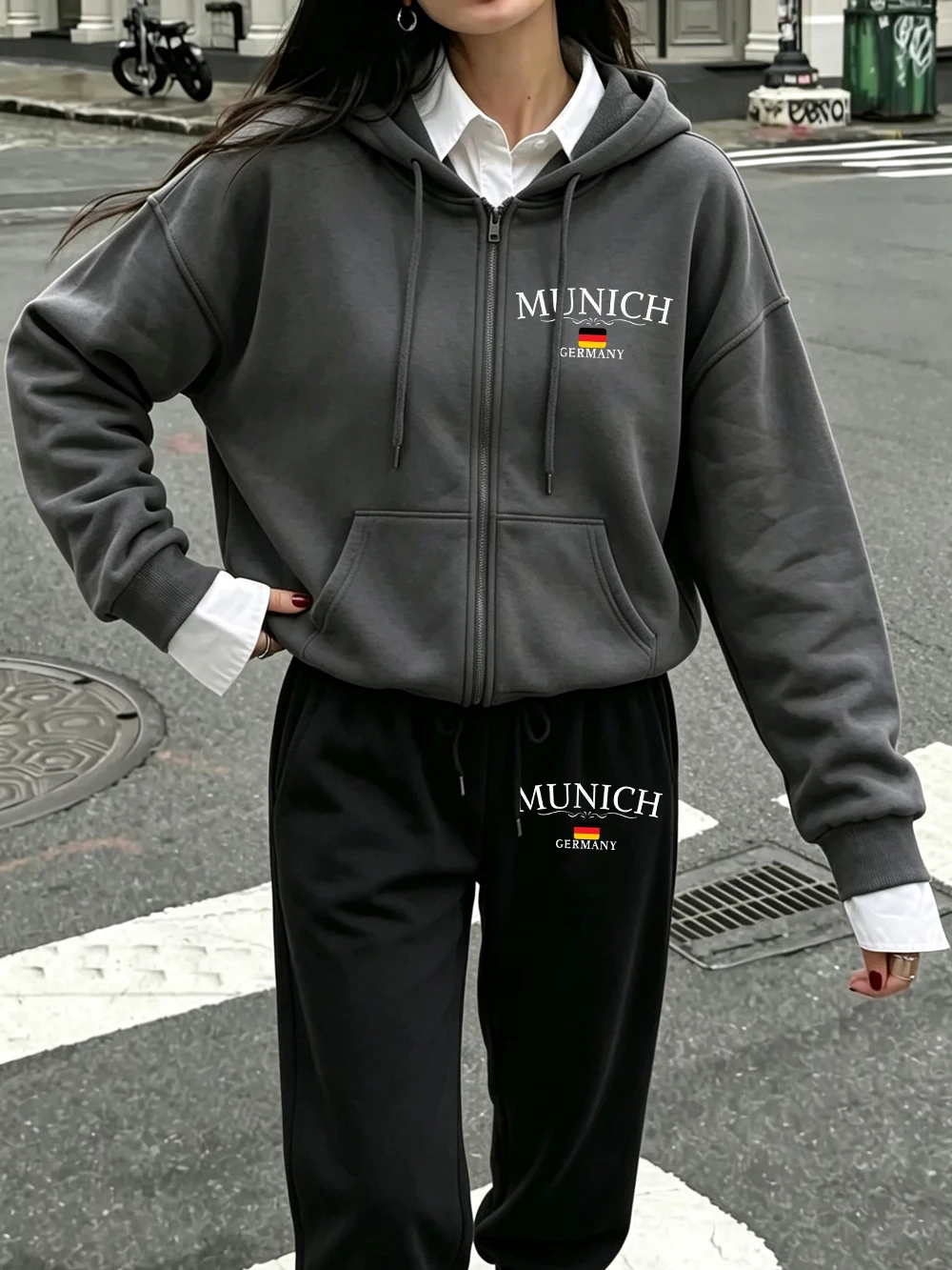 Hoodie Women Oversized - ชุดฮู้ดดี้ซิป 2 ชิ้นสำหรับผู้หญิง ลายพิมพ์มิวนิค เยอรมนี กางเกงวอร์มมีกระเป๋า