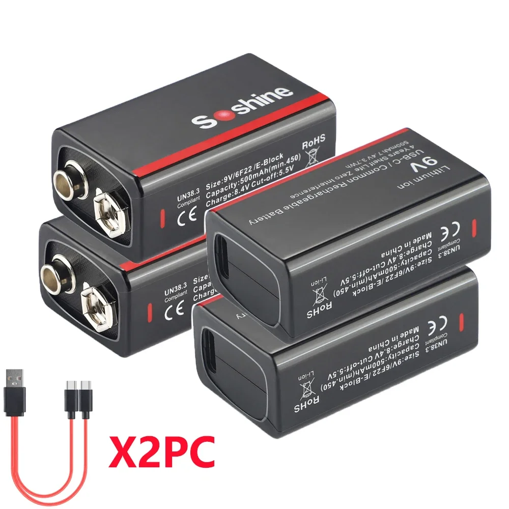 Soshine 500mAh USB-lithiumbatterij 9V 500mAh Lage zelfontlading Li-ion oplaadbare batterij 4 jaar houdbaarheid 4LED Power Display