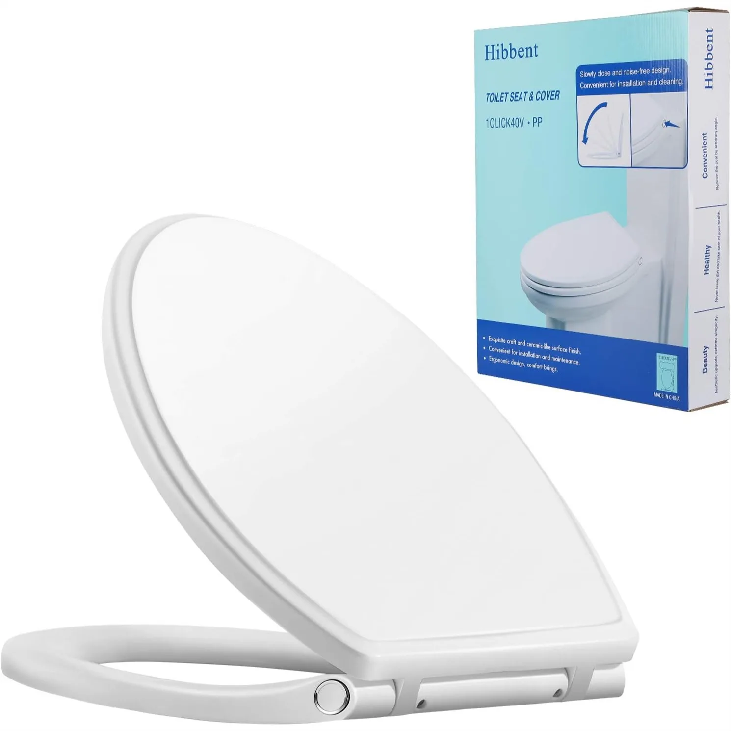 

Elongated Toilet Seat with Quiet Close, One-Click Quick Release, Non-Slip Bumpers, Easy Clean Slow-Close Cover, White