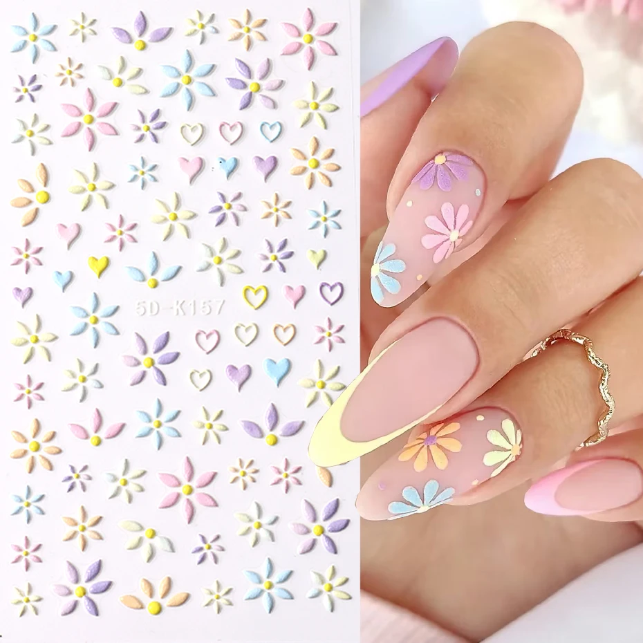 5D Nail Stickers Flowers Heart 3D Embossed Nail Art Decals Spring Cute Bear Rabbit Sliders Decorations Manicure Accessories