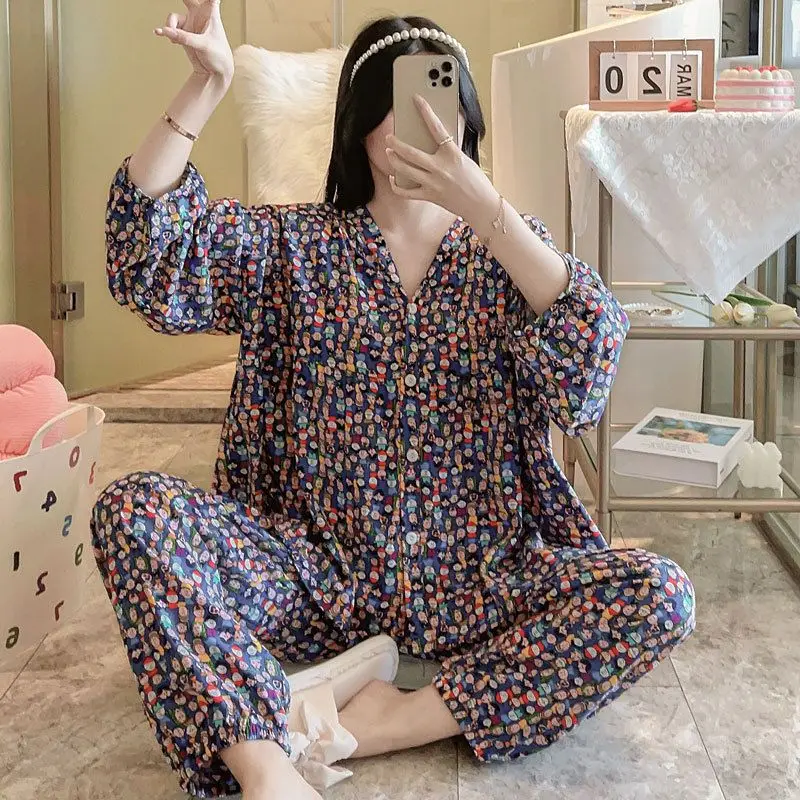 Baggy Pajama Sets Women Vintage Ladies Vacation Designed Gentle Leisure Home Lounge Harajuku Printed Chic Autumn Lantern Sleeve