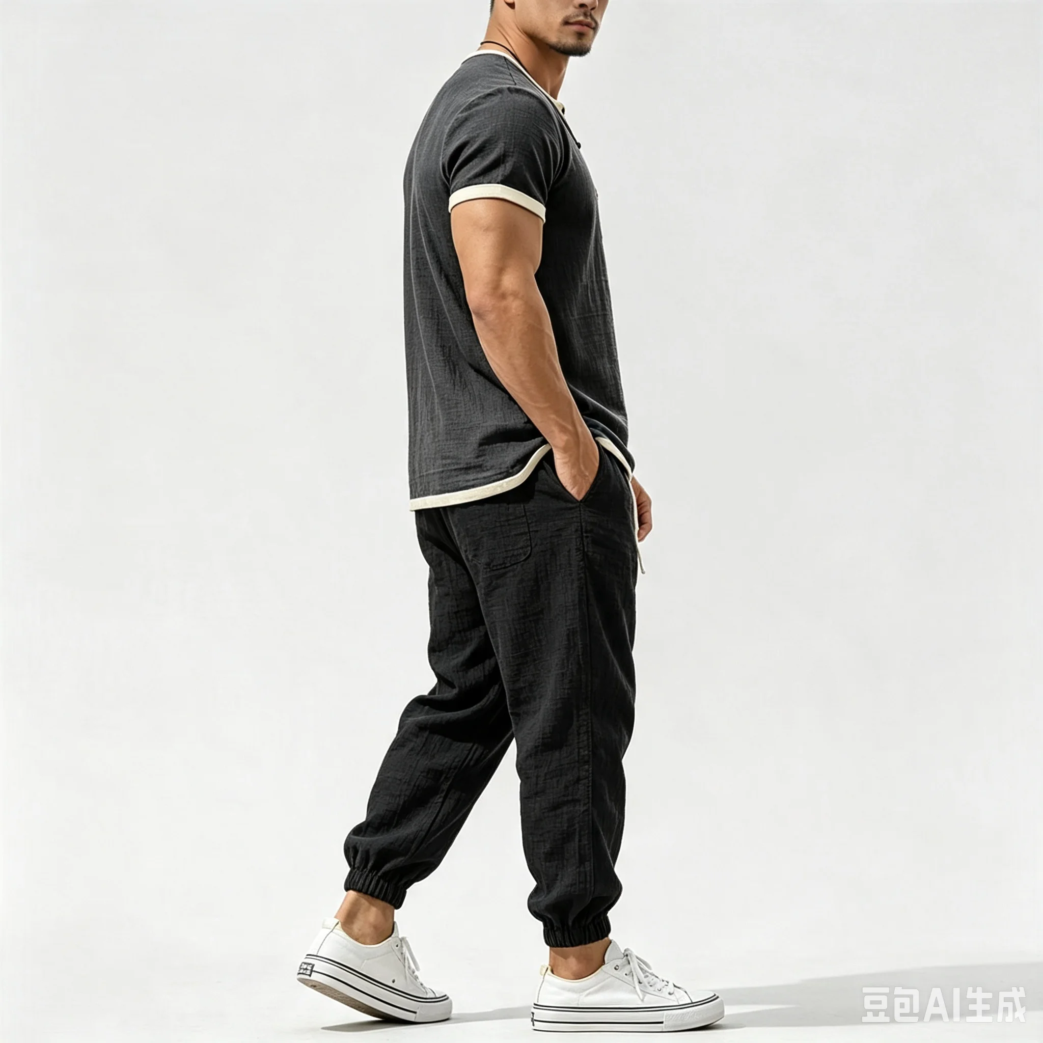 Herren 2-teiliges Freizeitset, einfarbig, Kurzarmhemd mit Knöpfen und lange Hose, Sommer-Outfit, Streetwear-Trainingsanzug – Detail 13