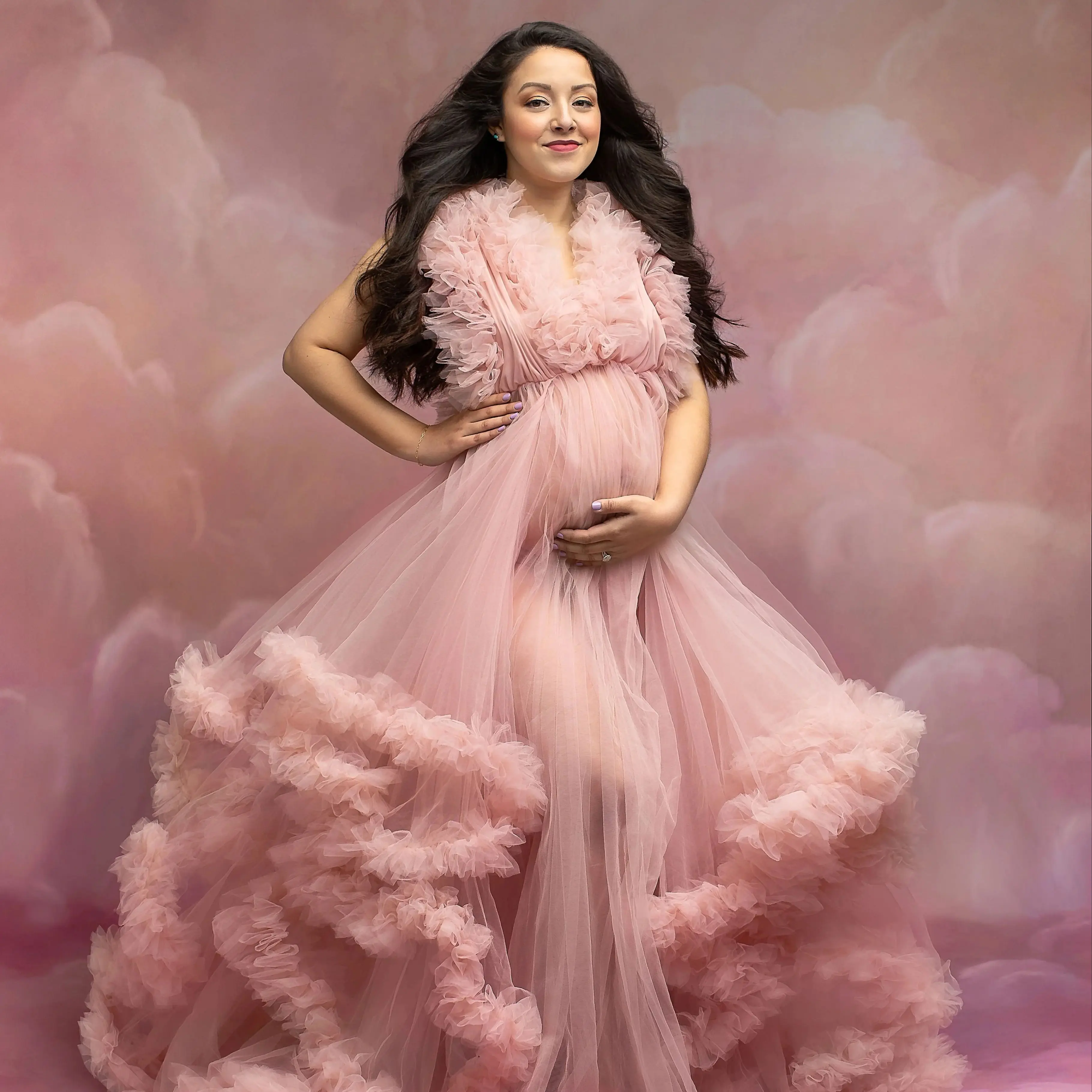 Ruffled  Maternity Dresses for Photo Shoot A Line Extra Puffy Tiered Halter Ruched Pregnancy Gowns Babyshower Made Custom