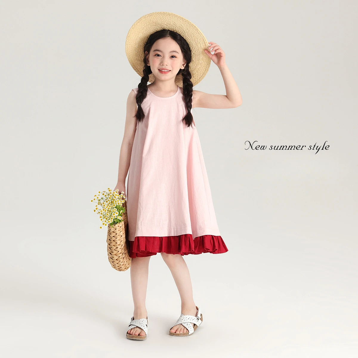 

Girl Dress Summer Dress 2024 New Korean Style Girl Art Tank Dress 2024 Summer New Children Sleeveless Sweet Solid Skirts