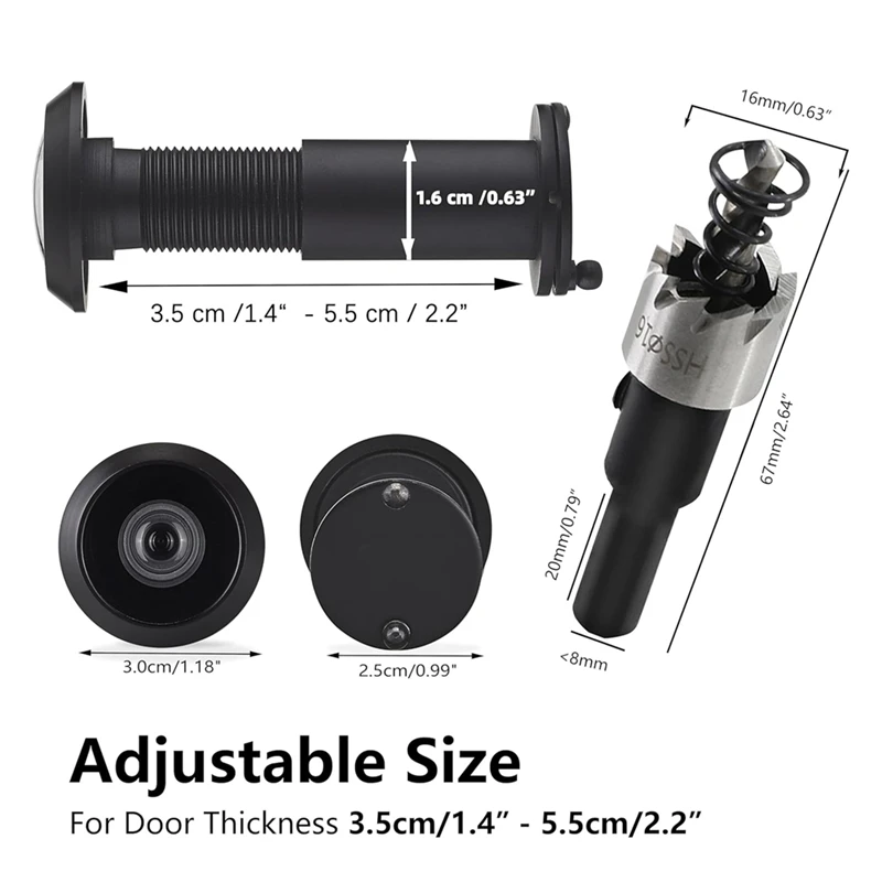 Fori peep solidi ABRE-220 gradi per porta con punta da trapano da 16 mm, spioncino per porta da 0,63 pollici per porta spessa da 1-3/8 pollici a 2-1/6 pollici