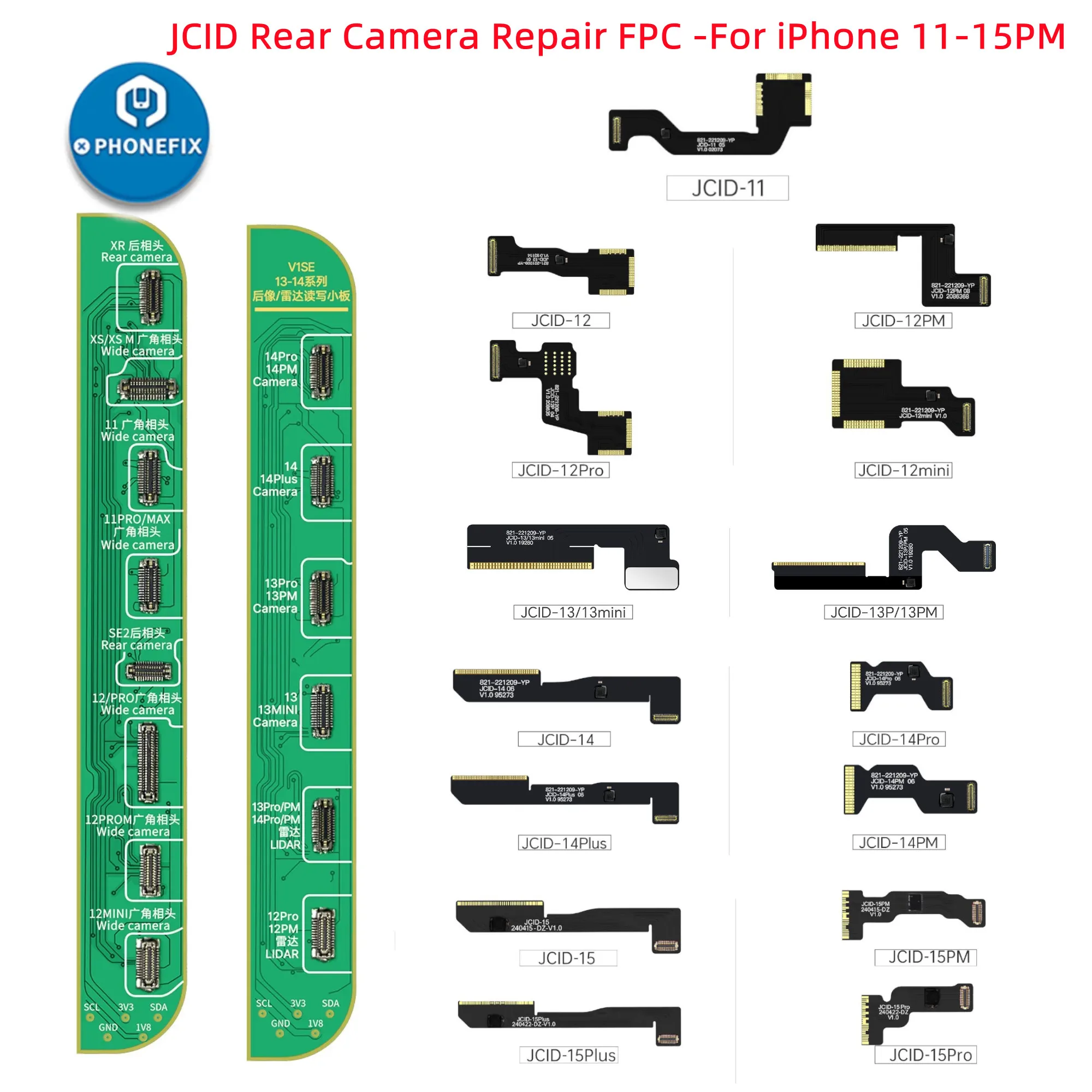 Jcid-リアカメラ修理fpclexケーブルforiPhone、11、12、13、14、15 pro max、固定ポップアップウィンドウ、緑色の問題