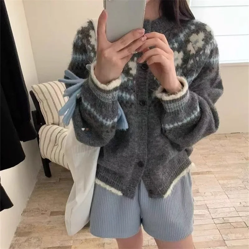 Fair ilha jacquard feminino camisola outono inverno cardigan solto macio pegajoso topos moda casaco temperamento jumper malhas preguiçosas