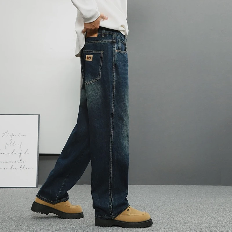 Men Autumn Loose Straight Jeans Vintage Dark Blue Washed Denim Pants All Match Daily Commute Youth Streetwear Long Trousers