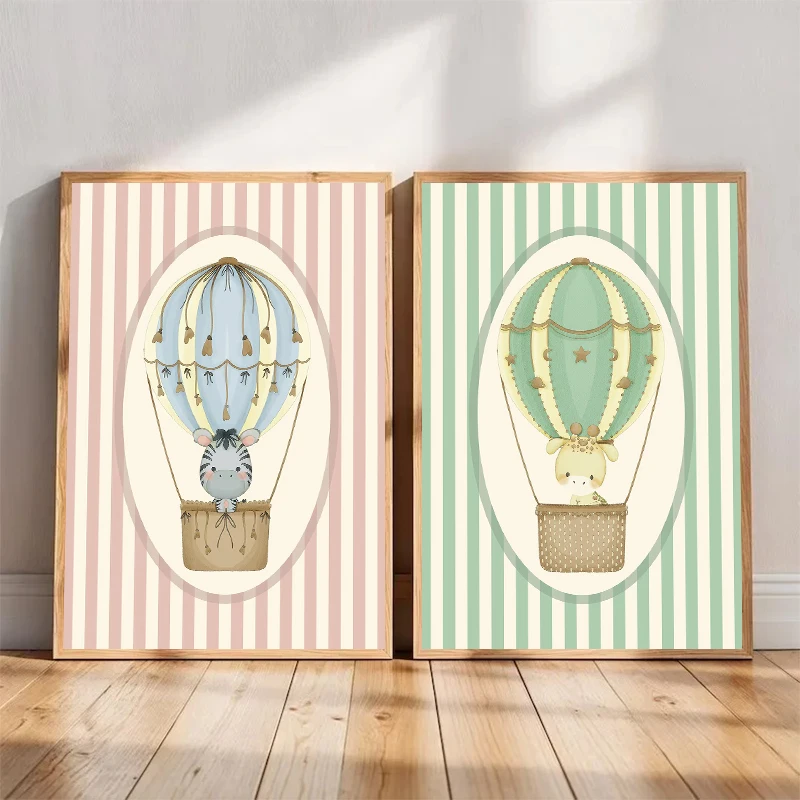 Pink Striped Background Lion Zebra Monkey Leopard in Hot Air Balloon Poster Canvas Painting Print Living Room Nursery Home De