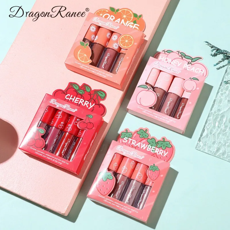 4 ชิ้น/เซ็ต Mini Velvet Matte Lip Gloss Non-Stick Cup ลิปสติก Long-Lasting Fruit Scented Lip Tint Lip Glaze Lips แต่งหน้าเครื่องสําอาง