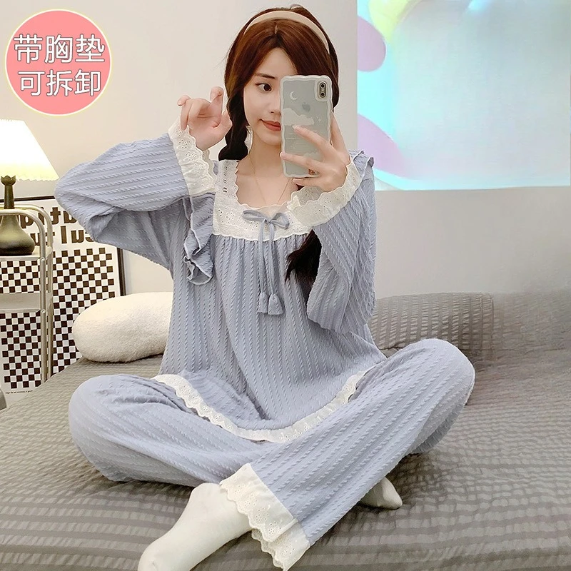 Teen Girls Pajama Spring Autumn Woman Student Long-sleeve Loungewear Chest Pads Lady Long Pants Homewear Women Casual Sleepwear