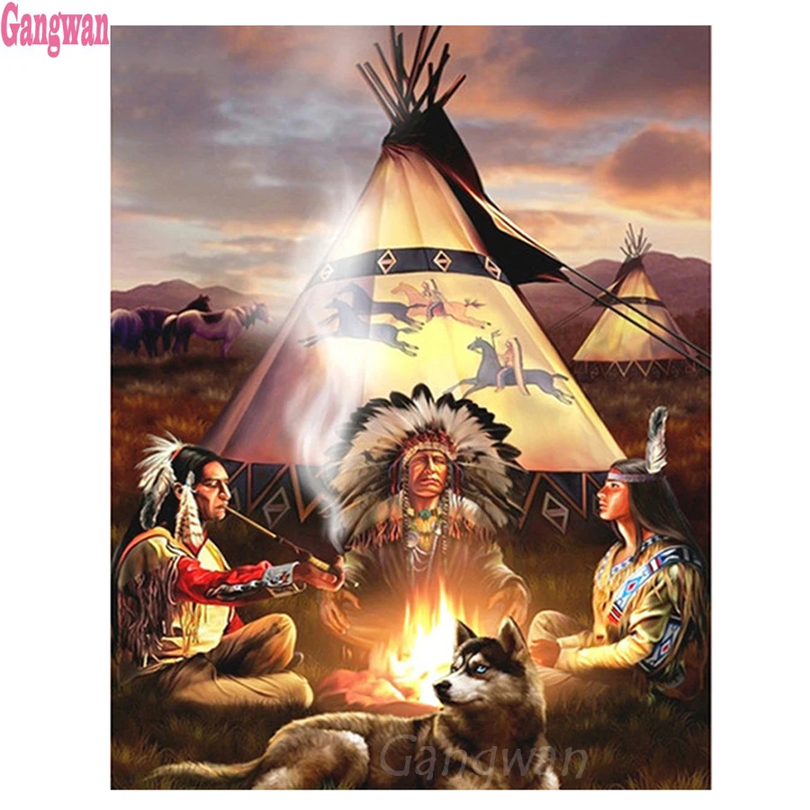 full Square Round Drill diamond painting Cross stitch Indians men gathering Rhinestone embroidery sale Native tribe American art