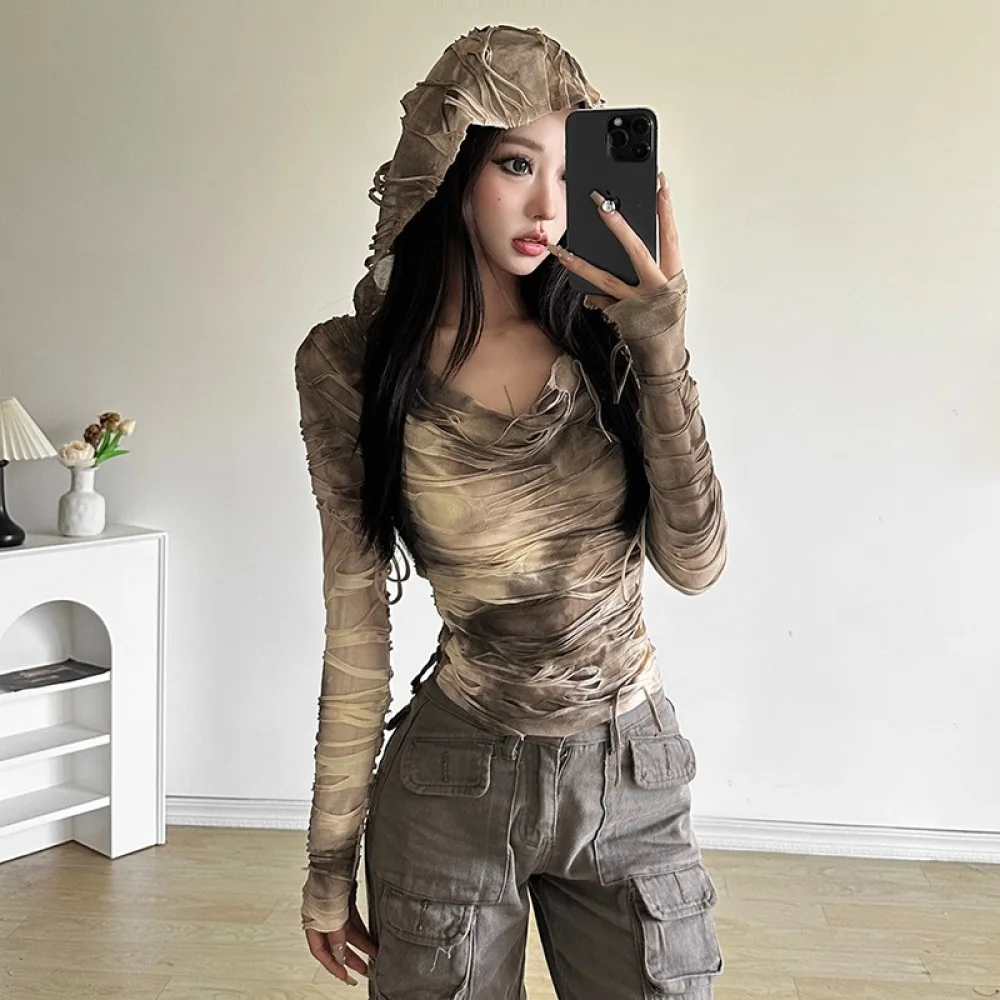 

SylCue Broken Style Hooded Tops Women Tie-Dye Fashion Irregular Ruched Full Sleeve Spicy Girl Street Hipster Classic Pullover