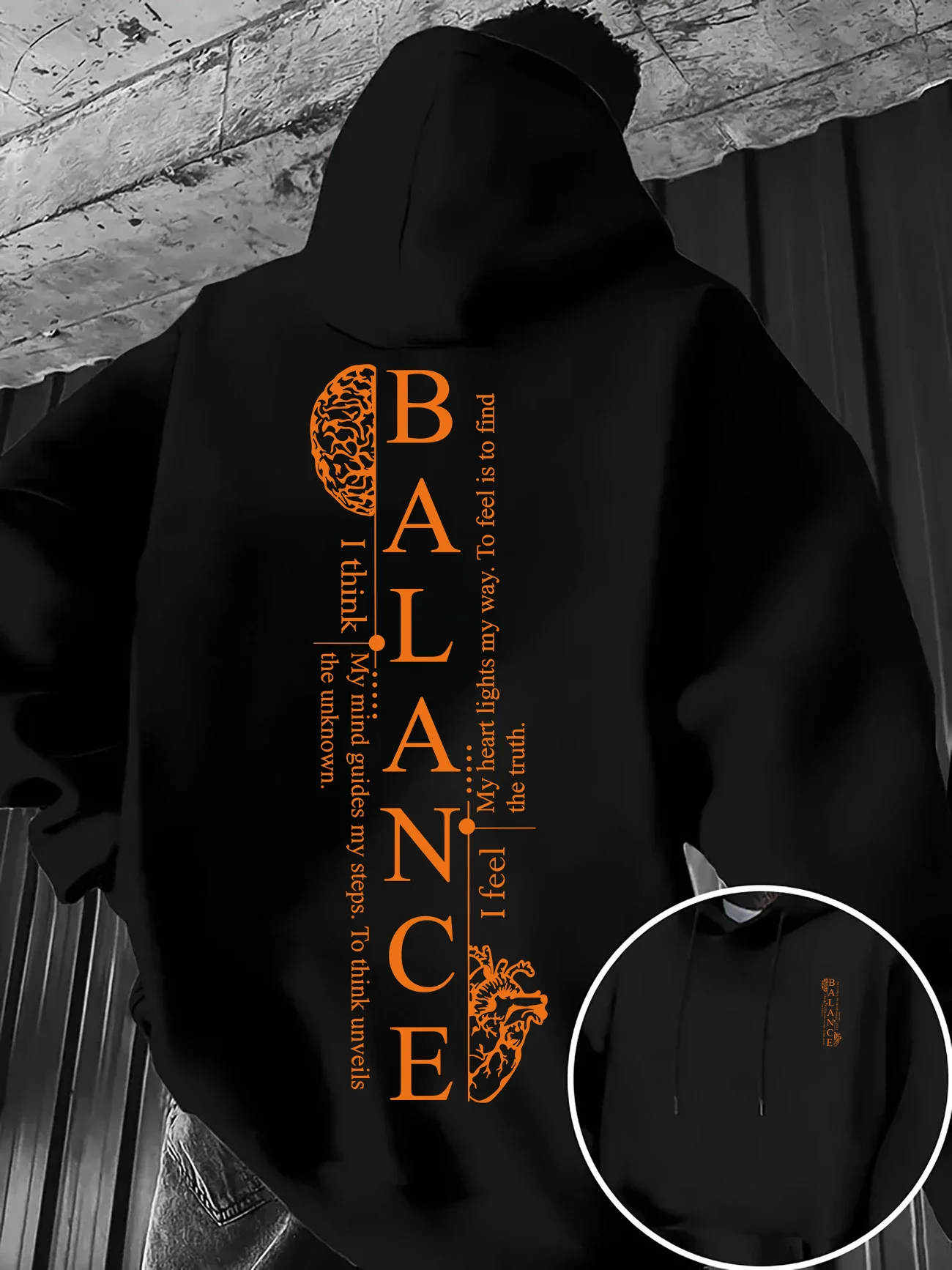 Men's Autumn Winter Fleece Hoodie Balance Brain Heart Inspirational Letter Back Print Loose Casual Streetwear Hooded Sweatshirt