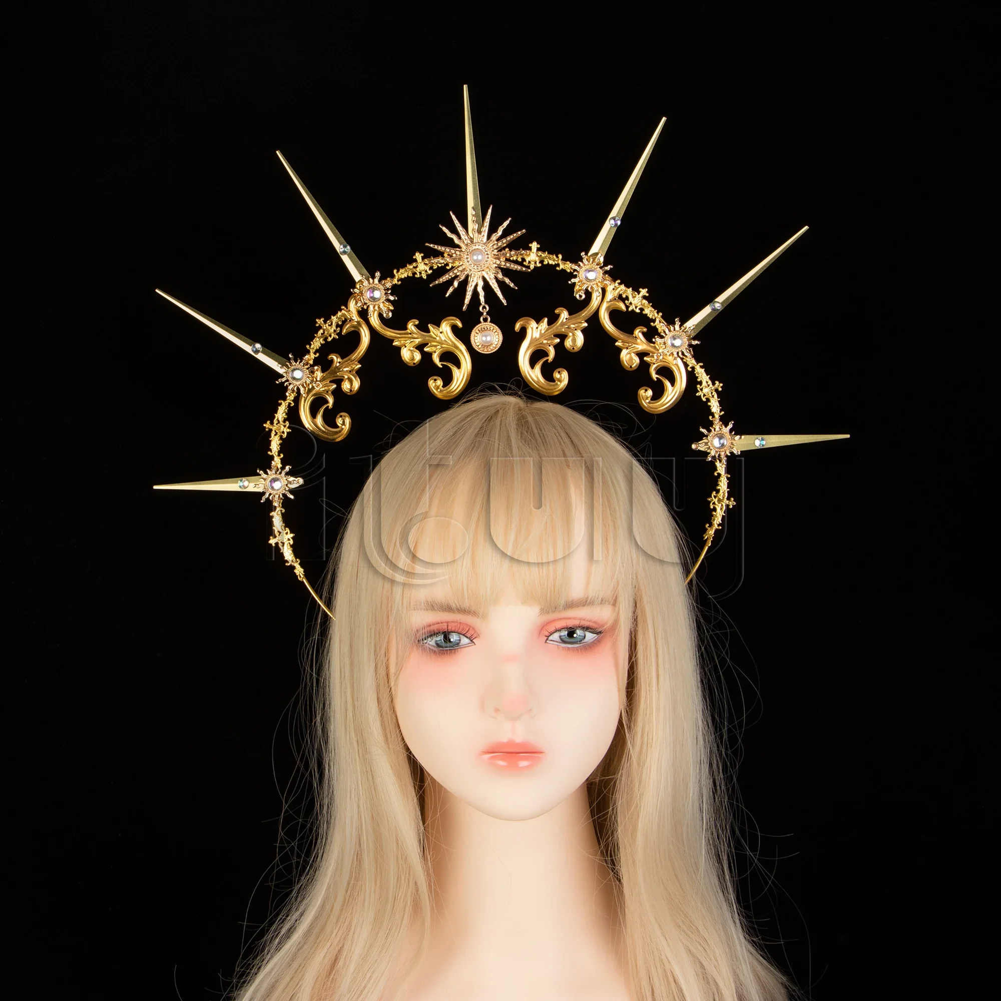 Göttin Gold Spike Halo Kopfschmuck Gothic Lolita Mädchen Cosplay Sonne Krone Halskette Stirnband Hochzeit Braut Party Zubehör
