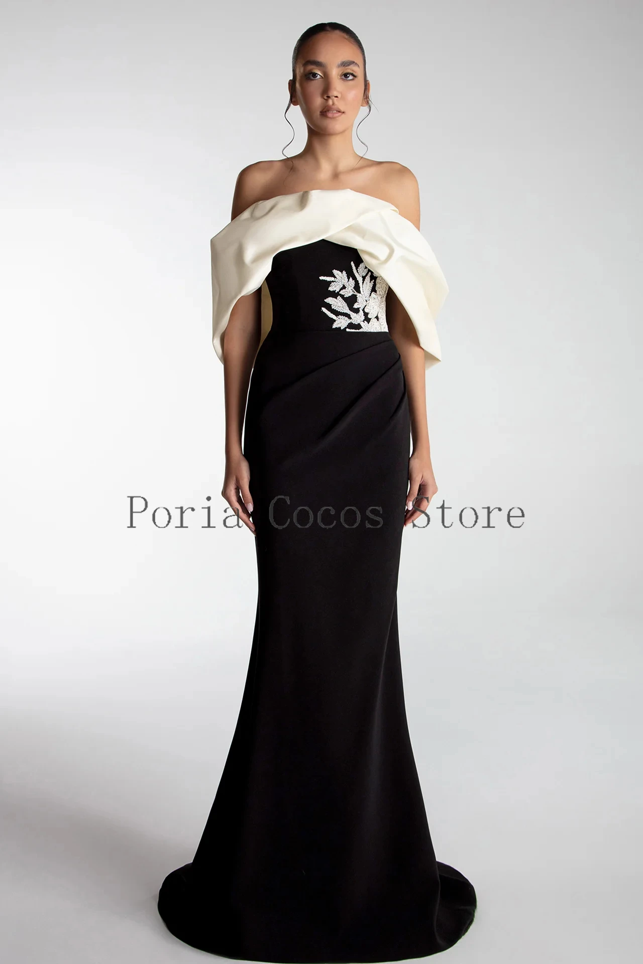 فستان سعودي أسود مخصص جيرسي قبالة الكتف البوق بلا أكمام طول الأرض فساتين السهرة يزين فستان الحفلات #4