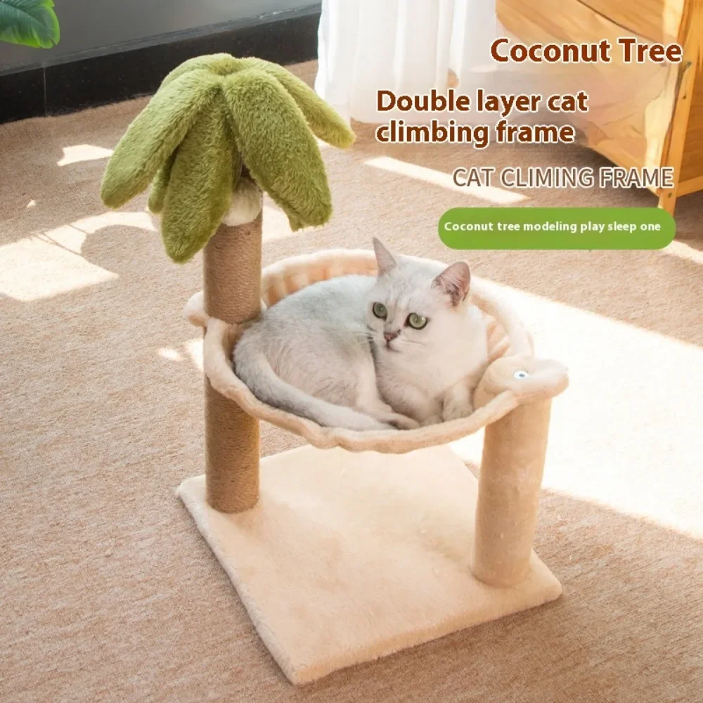 Coconut Tree Cat Frame 2-Layer Cattower With Fully Wrapped Post Cat Climbing Tower Cat Scratching Post With Hang Ball For Indoor