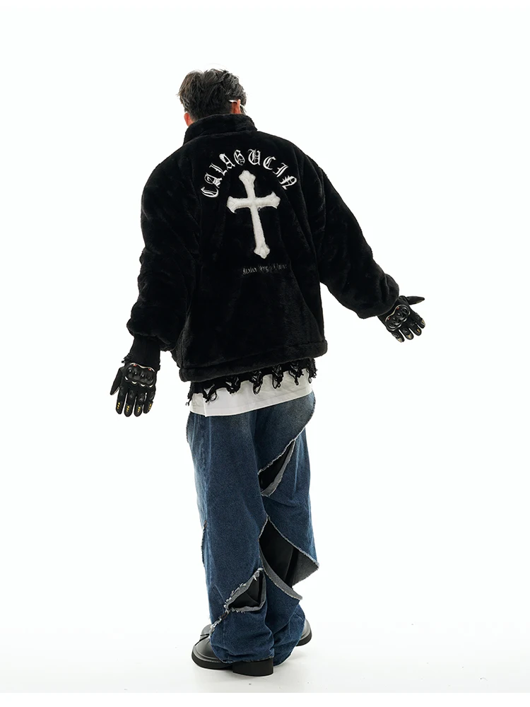 Imitation Rabbit Fur Parka Men Women Hip-hop Letters Embroidery Crucifix Fleece Jacket Winter Harajuku Casual Unisex Outerwear