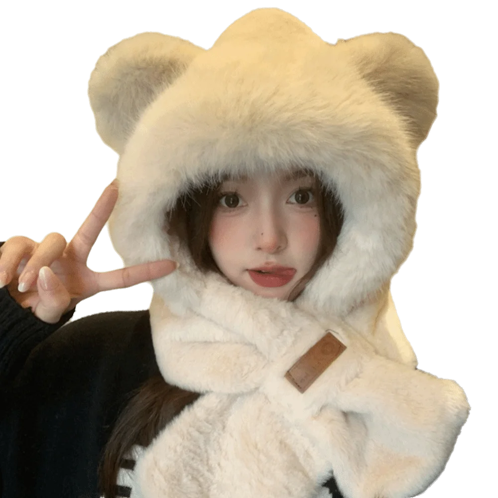 

Cute Plush Winter Integrated Cap Scarf Windproof Thickened Ear Protection Hat Casual Soft Scarf Set Hooded for Women