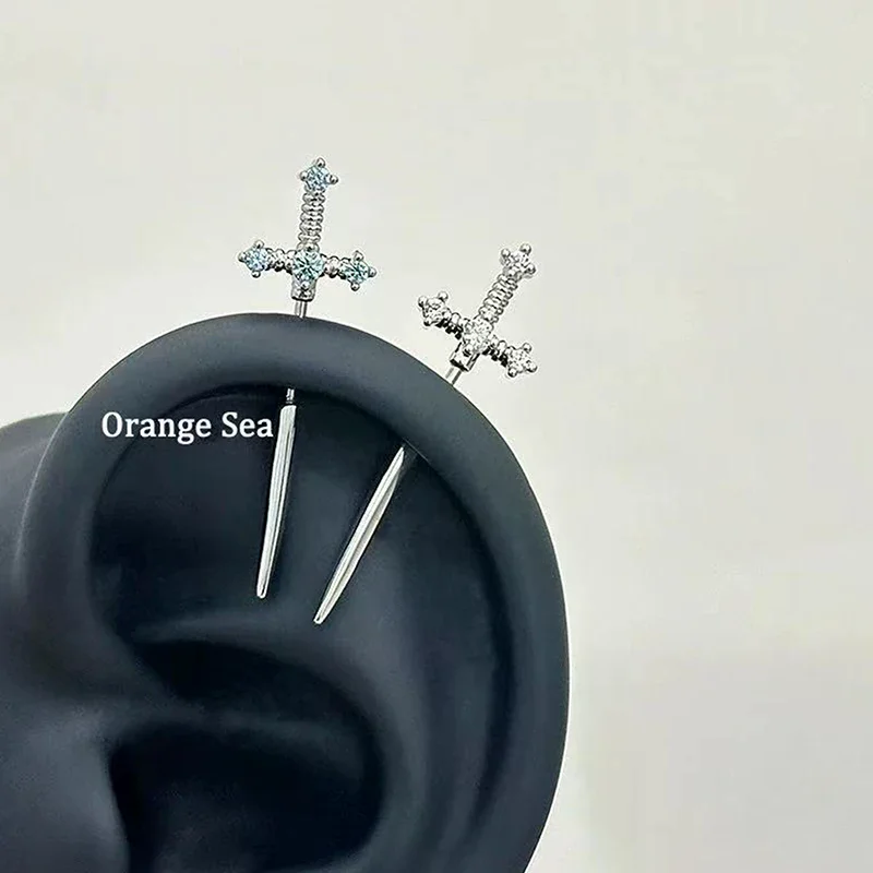 Sword Shaped Rhinestone Cross Earrings For Women Men Punk Zircon Floating Helix Piercing Ear Cartilage Jewelry Couple Gifts