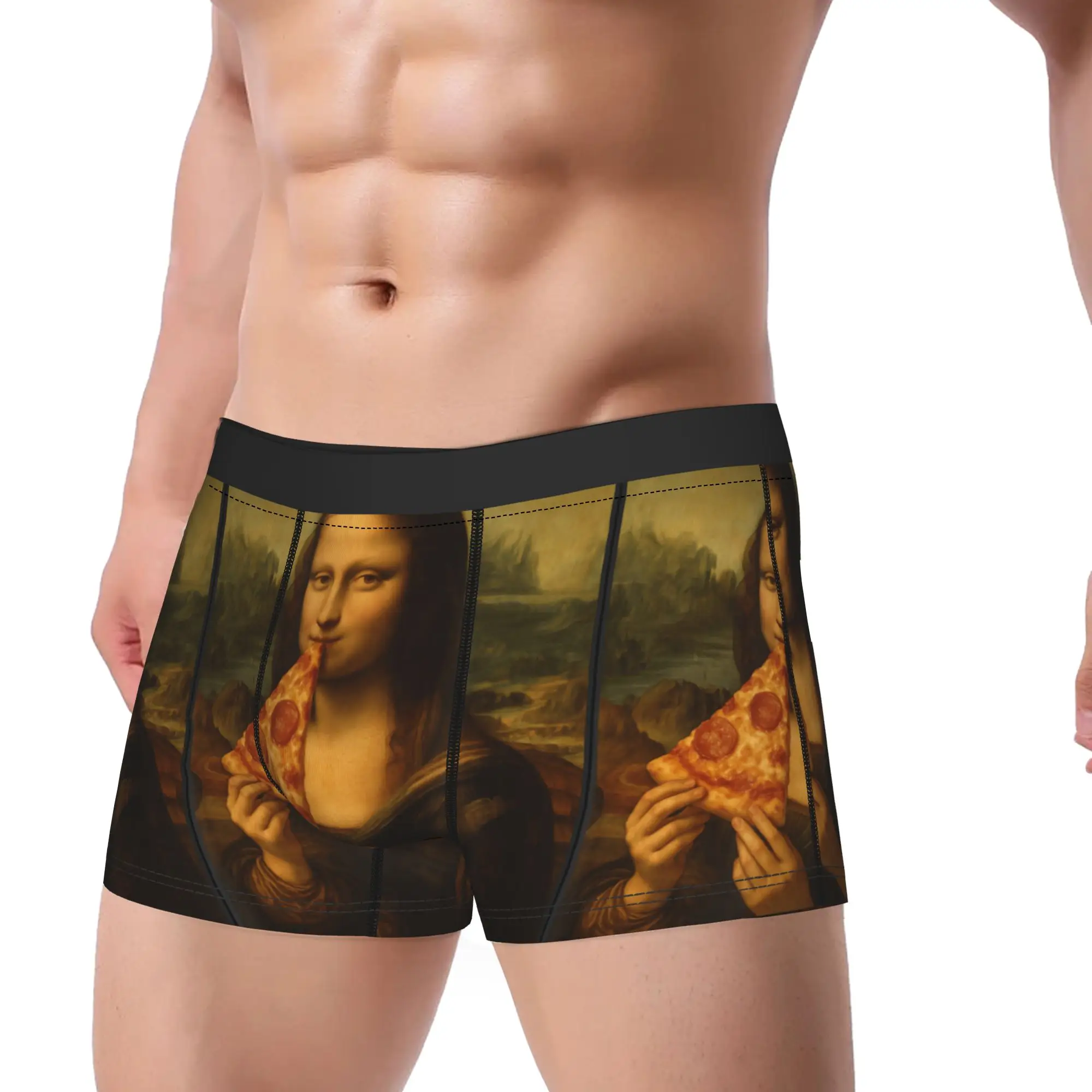 Mona Lisa Eating Pizza Funny Classic Art Pizza Foodie Mashup Underwear Boxershorts Males Underpants Soft Trend Shorts Briefs