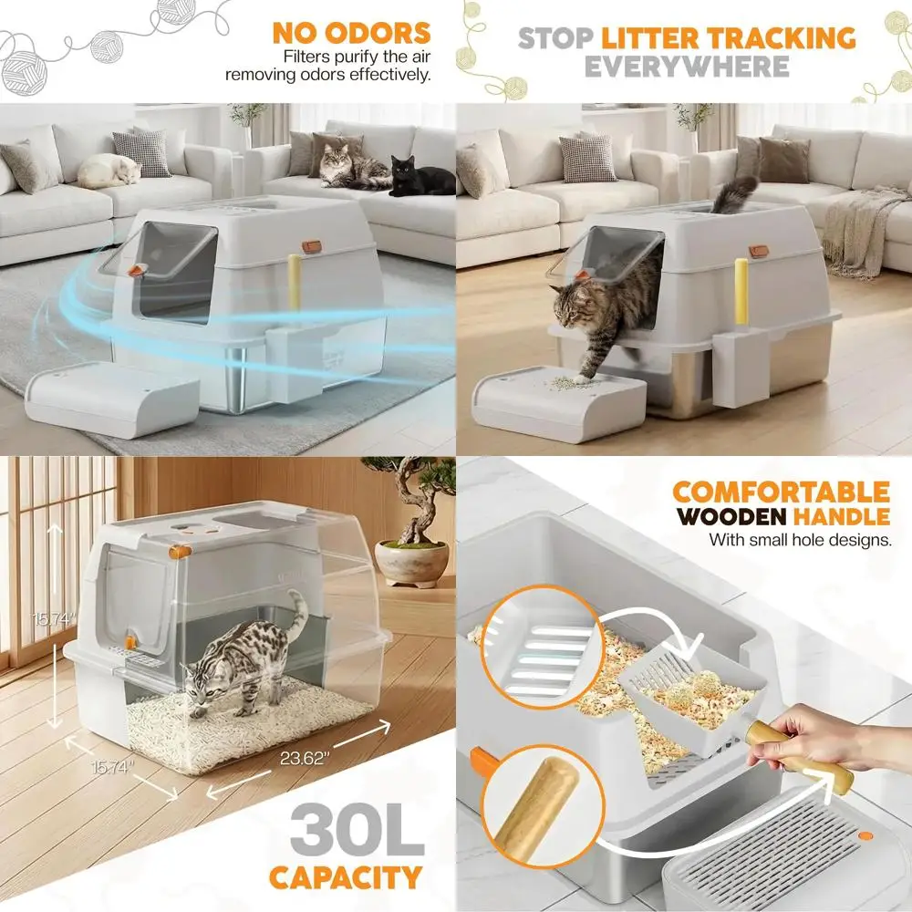 

Большой лоток для кошек из нержавеющей стали с ограждением и совком - прочный черный металлический лоток для крупных кошек, с высокими бортиками, защита от протекания и запаха