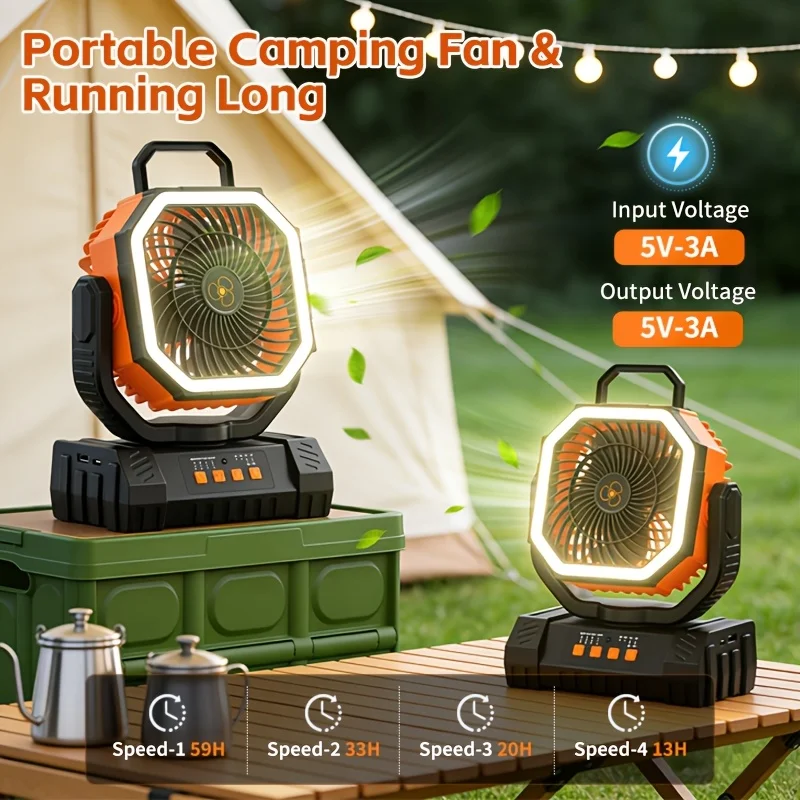 us20000mAh Battery Powered Camping Fan - Rechargeable Battery, 4 Speed Settings, With Remote Control And LED Lantern, 1-8 Hour Timer, 90° Oscillation, Portable Outdoor Fan With 360° Hook, Suitable For Indoor And Outdoor Use, Tents, And Traveld
