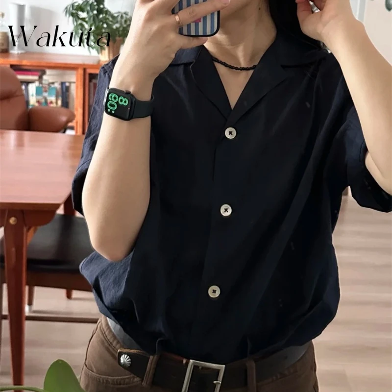 

WAKUTA Fashion Women's Summer Casual Collar Short Sleeved Solid Color Shirt Korean Design Simple Commuting Single Breasted Shirt