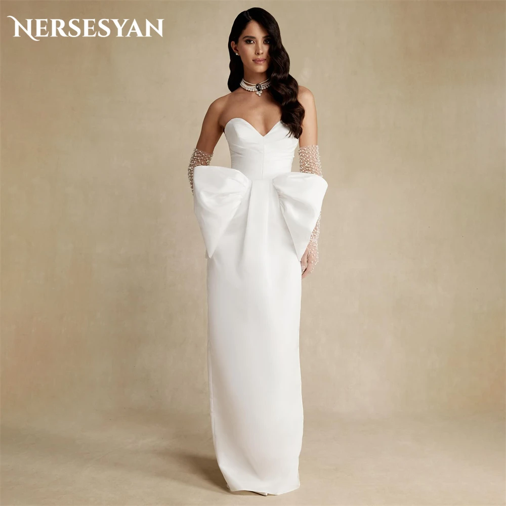 

Nersesyan Pure Satin Mermaid Wedding Draped Bow Off Shoulder Bodycon Sleeveless Bridal Gowns Backless Bride Dress No Gloves 2024