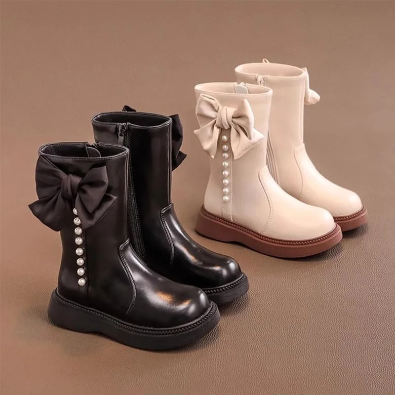 Girls' Shoes Fashion Princess High Top Boots Girls Leather Waterproof Plus Velvet Warm Snow Boots Children Bow Design Long Boots