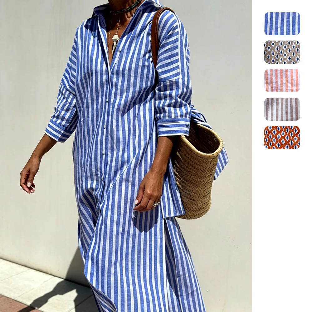 Women's Striped Shirt Dress Blouse Top with 3/4 Sleeves Notched Collar Flowy Tunic Dresses Spring Summer Matching Set
