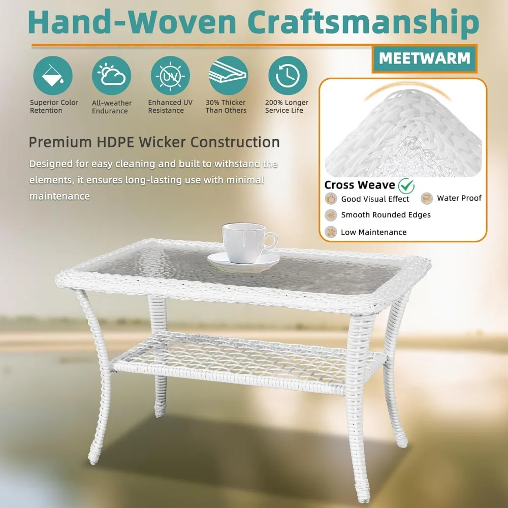 Wicker Patio Coffee Table, 34.5 Rectangle Outdoor Coffee Table with Tempered Glass Top and 2-Tier Storage Shelf