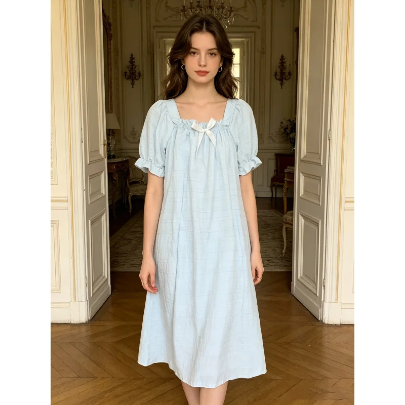 Spring and summer thin French square-neck solid color nightgown for girls, loose and suitable for wearing outside as home wear