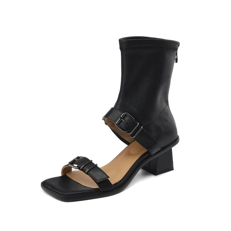 Mulheres tornozelo botas frescas sandálias dedo do pé quadrado sapatos de salto alto sexy sandálias grossas elegante 2025 novo verão sapatos de salto mulher bombas