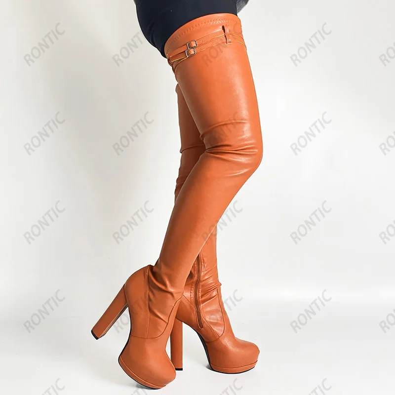 Rontic Italian Style Women Spring Crotch Boots Platform Buckle Strap Stiletto Heels Round Toe Violet Party Shoes US Size 5-20