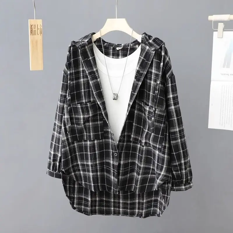 Fat Mm Plus Size Hooded Checkered Shirt for Women's Spring and Autumn New Casual Loose Fit Slimming Short Jacket 300 Pounds