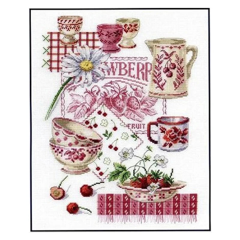 Amishop Count Canvas Cross Stitch Kits, Violet Candies, Strawberry Tableware, Blue and White porcelana, Haft, Robótki ręczne