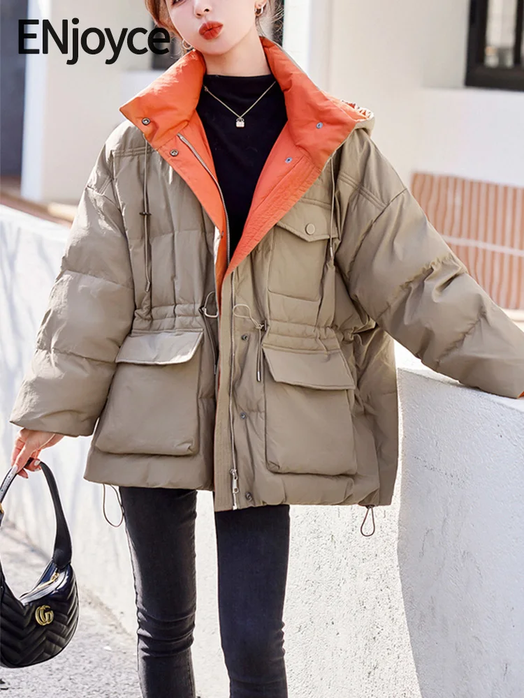 

ENjoyce Winter Women Vintage Casual Hoodie White Duck Down Jacket Korean Fashion Standing Collar Coat Loose Warm Overcoat