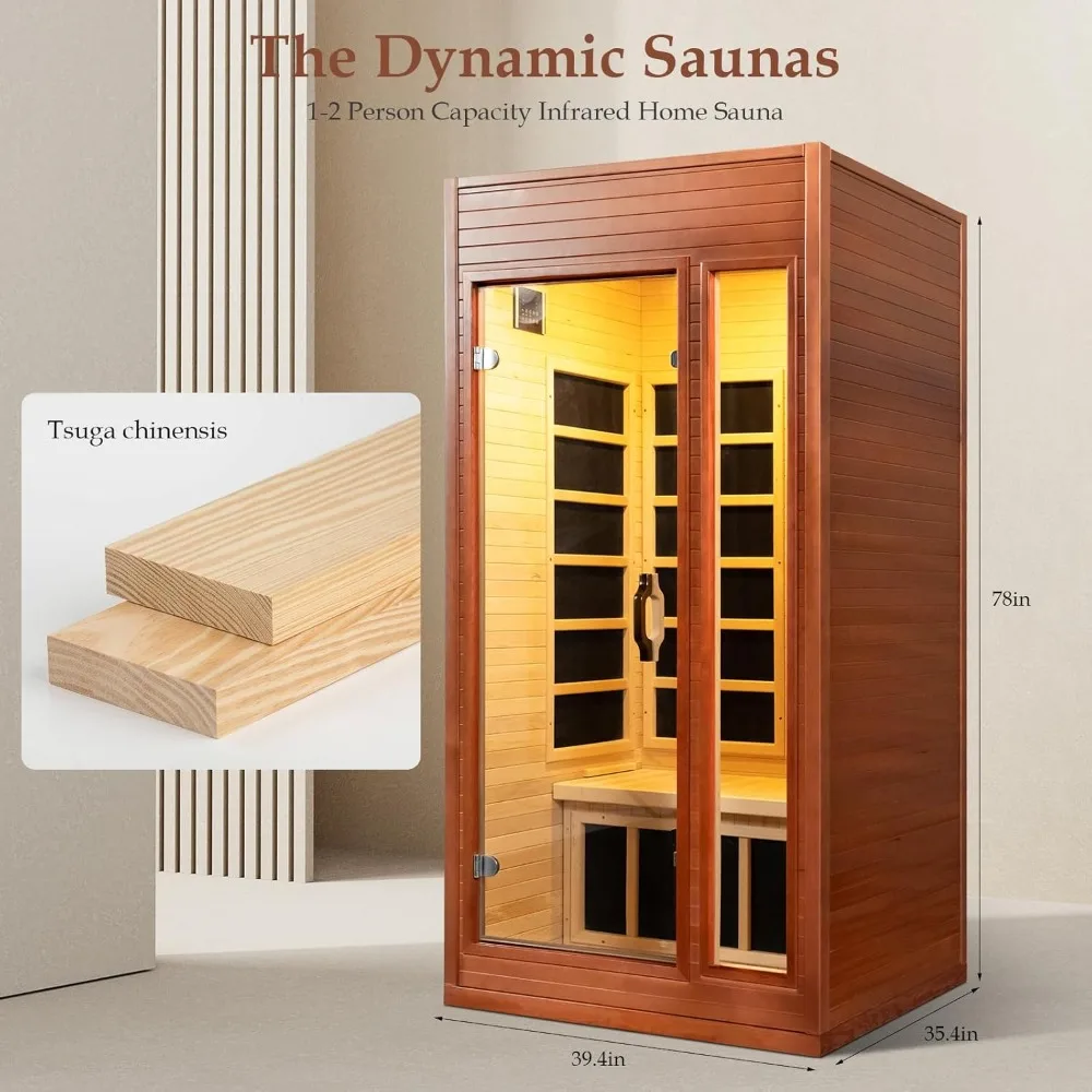 Infrared Sauna,1-2 Person Wood Sauna Room Spa, 10 Min Warm-up,1350W Dry Heat Sauna for Home, 5 Heating Panels, Bluetooth Speaker