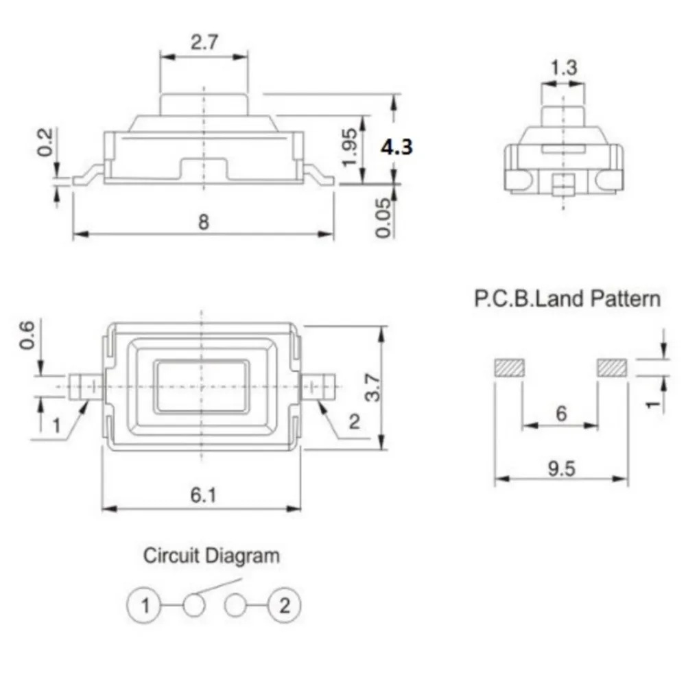 5Pcs Miniature Blue Button Patch 2 Foot Switch 3*6*4.3 Tact Switch Micro Button Switch