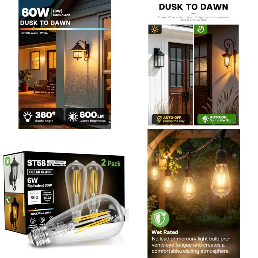 

Dusk to Dawn Light Bulbs, 6W Equivalent 60W,,E26 Base, Light Sensing, ST58 Vintage Style, 600LM, Outdoor Edison Bulbs, Automati