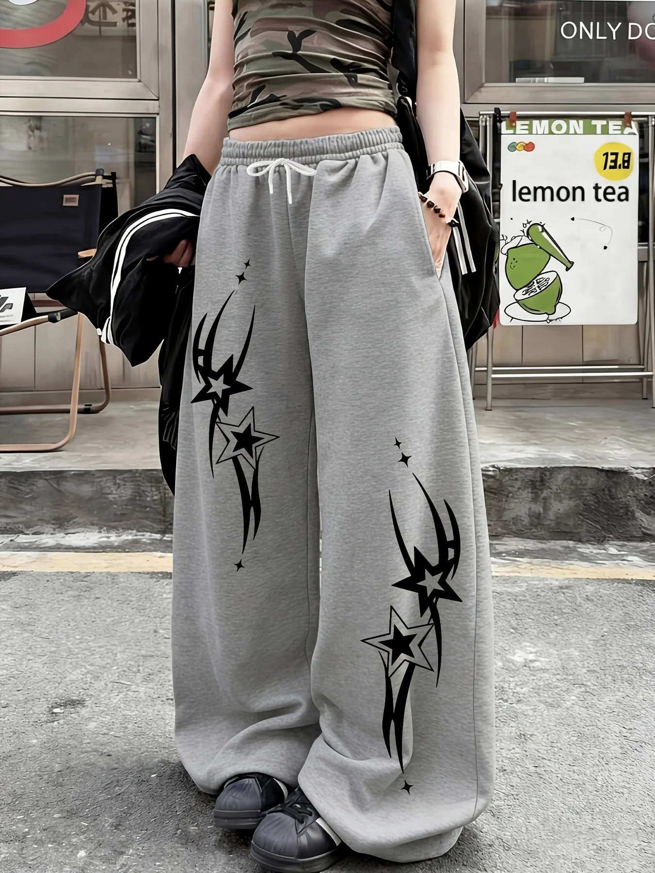Harajuku Y2K Schwarze Weite Hose für Damen und Kinder, Streetwear, Gothic, Lose Hochgeschnittene Hose, Amerikanischer Vintage-Sternen-Print – Detail 7