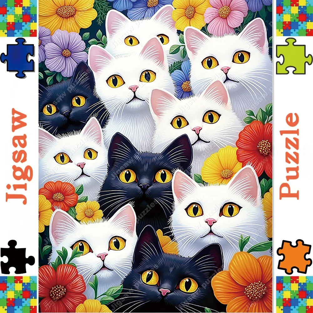 1000/2000/1314/520 Stück extra großes Puzzle für Erwachsene – weiße und schwarze Katzen mit Blumenmuster, herausforderndes großes Puzzle mit Vib