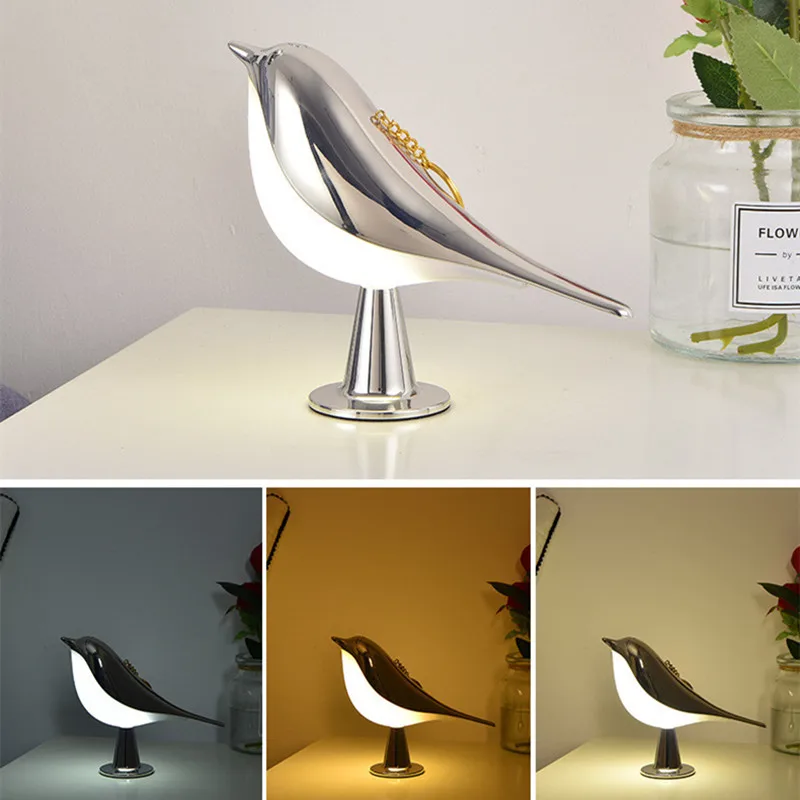 LED Bird Night Light Touch Sensor Table Lamp Creative Rechargable Dimming Bedside Lamp for Kids