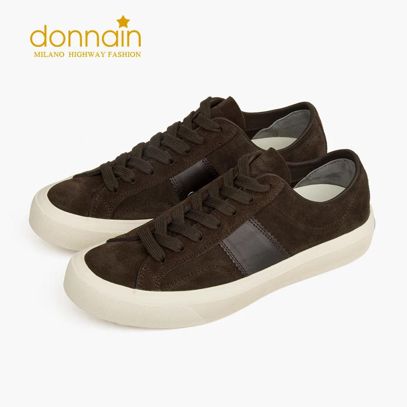 DONNAIN 2023 Coffee Sued Flat Casual Couple Genuine Leather Lace Up Unisex Sneakers Men Women Handmade Shoes Rubber Sole