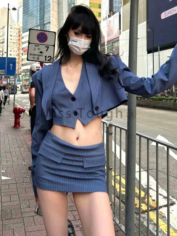 Autumn Striped Retro 3 Piece Set Women Preppy Style Sexy Elegant Mini Skirt Suit Female Long Sleeve Korean style Casual Set 2023